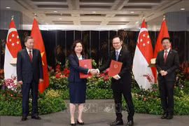 Party General Secretary To Lam (L) and Singaporean Prime Minister Lawrence Wong witness the exchange of the Letter of Intent on March 12. (Photo: VNA)