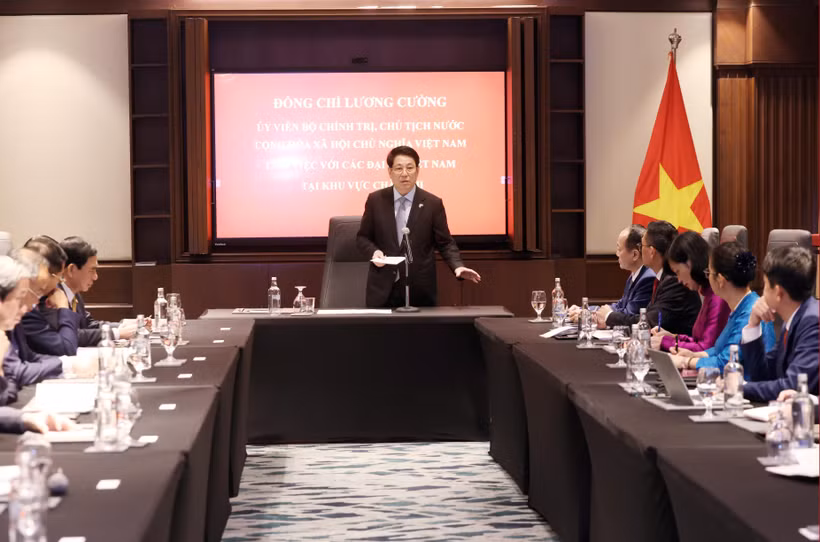 State President Luong Cuong speaks at the working session with Vietnamese Ambassadors to African countries. (Photo: VNA)
