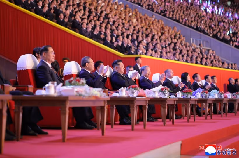 General Secretary of the Workers' Party of Korea and President of the State Affairs Kim Jong Un and other leaders attend an art performance to celebrate the 80th founding anniversary of the Workers' Party of Korea at the Rungrado 1st of May Stadium in Pyongyang on the evening of October 9. (Photo: KCNA)