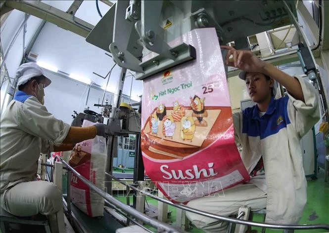 Rice packaging at the factory of Loc Troi Group in An Giang province. (Photo: VNA)