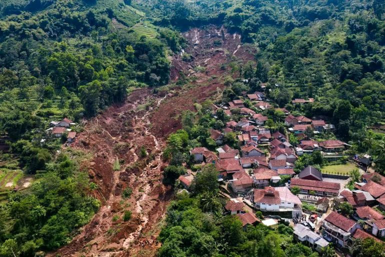 An aerial view shows the scene of a landslide at Condong village in Bandung, West Java province, on December 7, 2025 (Photo: AFP)