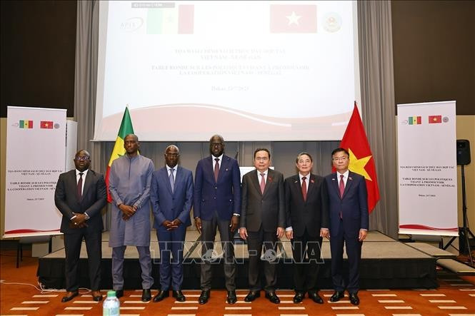 Vietnamese National Assembly Chairman Tran Thanh Man (third from right) and President of the Senegalese National Assembly El Malick Ndiaye (fourth from right) at the policy dialogue in Dakar on July 23 (Photo: VNA)