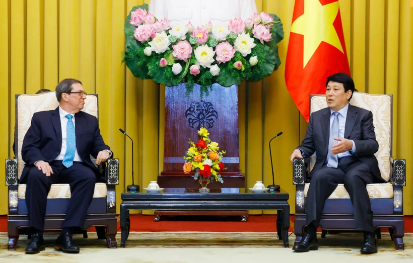 State President Luong Cuong (R) hosts a reception in Hanoi on February 19 for visiting Cuban Foreign Minister Bruno Rodríguez Parrilla. (Photo: VNA)