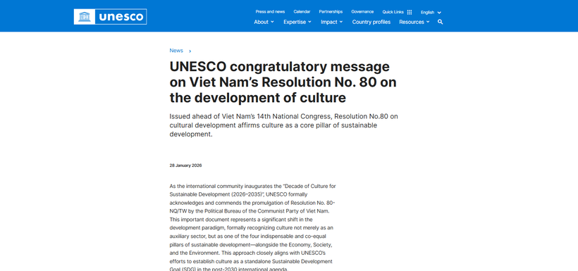 UNESCO posts a congratulatory message on Vietnam's Resolution 80 on the development of Vietnamese culture (The image taken from the screenshot).