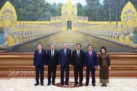 Samdech Techo Hun Sen (3rd from right), President of the Senate and Acting Head of State of Cambodia, welcomes Vietnamese Party General Secretary To Lam (3rd from left) and the high-ranking delegation of Vietnam to the state banquet. (Photo: VNA)