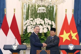 General Secretary of the CPV Central Committee To Lam (left) and President of Indonesia and Chairman of the Gerindra Party Prabowo Subianto at the press meeting in Jakarta on March 10 (Photo: VNA)