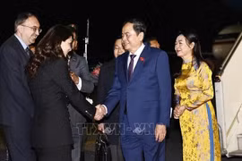 NA Chairman Tran Thanh Man and his spouse are welcomed at Zvartnots International Airport of Yerevan on late April 1 (local time). (Photo: VNA)
