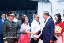 Party General Secretary and State President To Lam and his spouse Ngo Phuong Ly are welcomed at Villamor Airbase on May 31 afternoon. (Photo: VNA)
