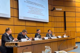 Vietnamese Ambassador to Austria Vu Le Thai Hoang (first, right) attends the seminar on the Treaty on the Non-Proliferation of Nuclear Weapons (NPT) in Vienna on April 10. (Photo: VNA)