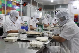 Workers produce fried spring rolls at the Kim Ngoc Food Company in Tan An ward, Tay Ninh province. (Photo: VNA)