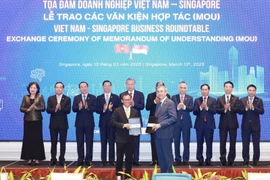 Party General Secretary To Lam and officials witness the exchange of cooperation documents between Vietnamese and Singaporean firms at a business roundtable in the city state on March 13. (Photo: VNA)