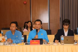 Pham Trong Nhan, Vice President of the Ho Chi Minh City Labour Federation, speaks at a working session with the National Trades Union Congress (NTUC) of Singapore on May 13. (Photo: VNA) 