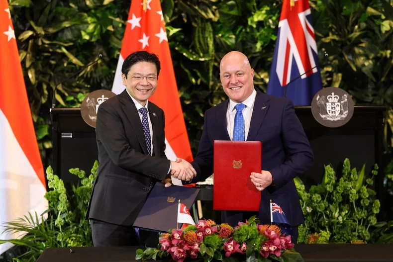 Singaporean Prime Minister Lawrence Wong and his New Zealand counterpart Christopher Luxon in Auckland on October 10. (Photo: Facebook/@LawrenceWong)