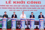 Party General Secretary To Lam (C) and other delegates press the button to break ground for the Ea Rok Primary and Secondary Boarding School project. (Photo: VNA)