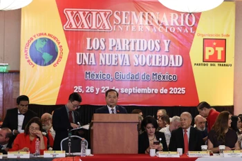 Secretary of the Cao Bang provincial Party Committee Quan Minh Cuong speaks at the conference (Photo: VNA)