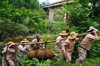 The mobile bomb disposal team from the Mines Advisory Group transports the bomb to a demolition site. (Photo: VNA)