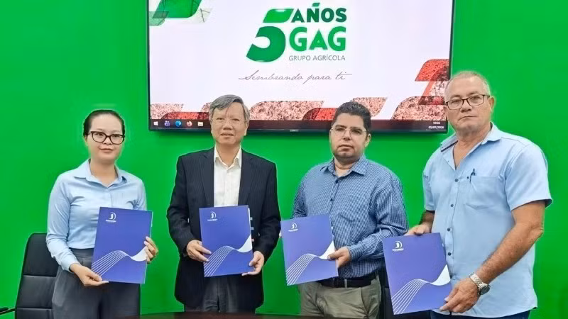Vietnamese Ambassador to Cuba Le Quang Long (second from left) witnesses the handover ceremony for the first batch of rice produced by TBAgri to the Cuban side. (Photo: Embassy of Vietnam in Cuba) 