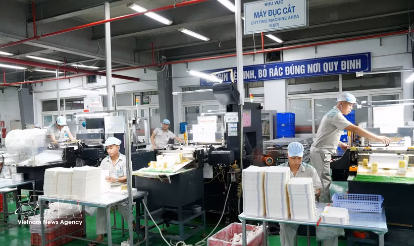 The production line at Thang Long Packaging Production and Import-Export Joint Stock Company meets the demand of a wide range of domestic and international customers. (Photo: VNA) 