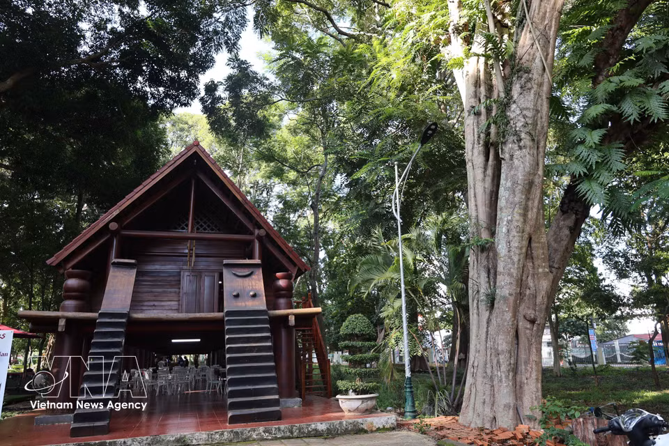 A modern longhouse inspired by the traditional longhouses of the E De Kpa people stands beneath a canopy of old trees, reflecting the cultural identity of the Central Highlands. (Photo: Kha Pham/VNA)