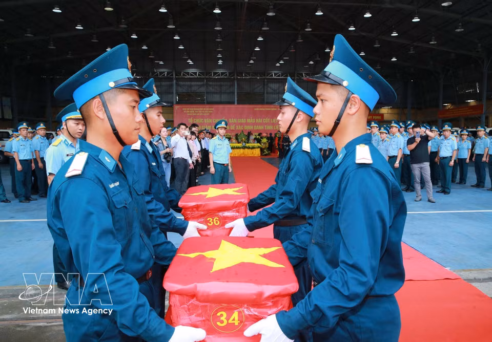 Samples taken from the remains of fallen soldiers are solemnly carried from the aircraft at Gia Lam Airport ahead of an incense-offering ceremony in their memory. (Photo: Trong Duc/VNA)