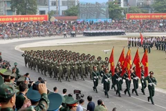 A grand military parade rehearsal in celebration of the 70th anniversary of the Dien Bien Phu Victory (May 7, 1954 - 2024) is held at the stadium of the northwestern province of Dien Bien on May 3. (Photo: VNA)