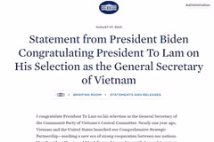 The White House's website publishes a congratulatory statement from US President Joe Biden to Vietnamese President To Lam on his election as the General Secretary of the Communist Party of Vietnam Central Committee. (Photo: Screenshot)