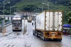Container trucks carrying shipments of dragon fruit to China pass through Kim Thanh International Border Gate No 2. (Photo: VNA)