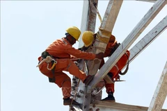 A pole in the circuit-3 500kV Nam Dinh 1 thermal power plant - Pho Noi line being erected (Photo: VNA)