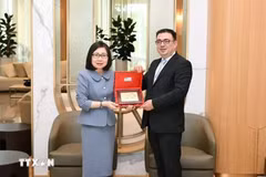 VNA Deputy General Director Doan Thi Tuyet Nhung (L) meets Chairman of the Board of Azerbaijan State News Agency (AZERTAC) Vugar Aliyev (Photo: VNA)
