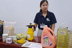 An exhibition of kitchen waste treatment plans at school in Da Nang. (Photo: VNA)