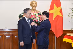 Minister of Foreign Affairs Bui Thanh Son on May 8 awards the “For the cause of Vietnam’s foreign affairs” insignia to outgoing Japanese Ambassador to Vietnam Yamada Takio. (Photo: baoquocte.vn)