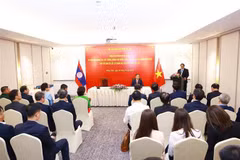 Prime Minister Pham Minh Chinh (standing) speaks at the meeting with staff of the Vietnamese Embassy and Vietnamese representative agencies in Laos on October 8. (Photo: VNA)