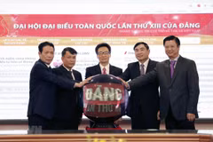 Deputy Prime Minister Vu Duc Dam (centre), VNA General Director Nguyen Duc Loi (second, left), and other delegates launch the special website on the 13th National Party Congress (Photo: VNA)
