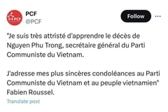 Head of the French Communist Party Fabian Roussel expresses his sympathy over the passing of Party General Secretary Nguyen Phu Trong. (Photo: VNA)