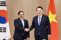 Prime Minister Pham Minh Chinh (L) meets with RoK President Yoon Suk Yeol (Photo: VNA)