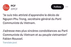 Head of the French Communist Party Fabian Roussel expresses his sympathy over the passing of Party General Secretary Nguyen Phu Trong. (Photo: VNA)