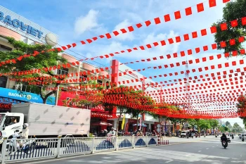 A section of Nguyen Hue Street in Cao Lanh ward, Dong Thap province decorated in celebration of the 14th National Party Congress. (Photo: dongthap.gov.vn)