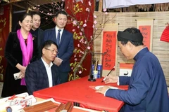 Tourists ask for a calligraphy at a stall in the traditional Tet market in Hoa Lu old quarter. (Photo: VNA)