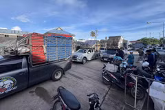 Cargo trucks wait at Ban Hat Lek border crossing in Khlong Yai district, Trat, on June 17. (Photo: Bangkokpost)