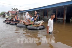 Residents in Pekanbaru, Indonesia's Riau province, evacuate from flooded areas on March 6, 2025 after heavy rains. (Photo: VNA/Xinhua)