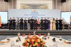 Deputy Prime Minister and Minister of Foreign Affairs Bui Thanh Son (eighth from left) and delegates at the reception on July 28 (Photo: VNA)