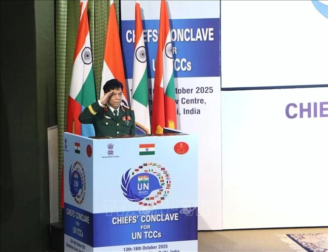 Sen. Lt. Gen. Nguyen Van Nghia, Deputy Chief of the General Staff of the Viet Nam People’s Army speaks at the UN Troop Contributing Countries’ (UNTCC) Chiefs Conclave 2025 in India. (Photo: VNA)
