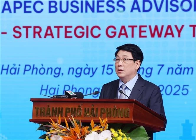 State President Luong Cuong speaks at the Hai Phong Investment Promotion Conference in the northern port city on July 15. (Photo: VNA)