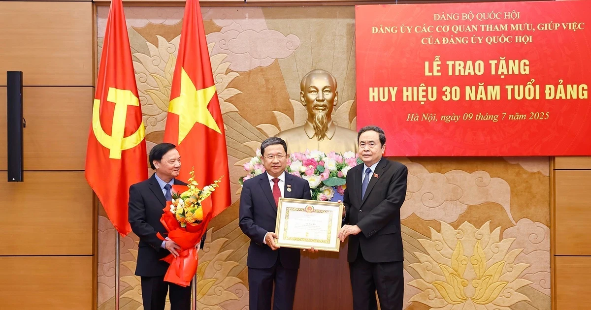 National Assembly Chairman Tran Thanh Man presents a 30-year Party membership badge to Vu Hai Ha, member of the Party Central Committee, Deputy Secretary of the NA Party Committee, Secretary of the Party Committee of advisory and support agencies of the NA Party Committee, and member of the NA Standing Committee, at a ceremony on July 9. (Photo: VNA) 