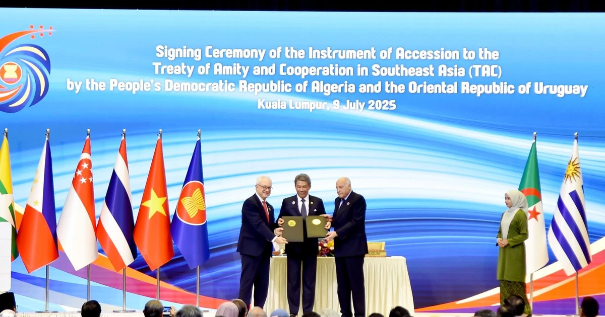 At the signing ceremony of the instrument of accession to the Treaty of Amity and Coopetition in Southeast Asia (TAC) by Algeria and Uruguay . (Photo: VNA) 