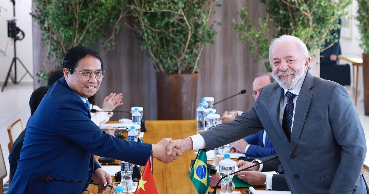 Vietnamese Prime Minister Pham Minh Chinh (L) holds talks with Brazilian President Luiz Inacio Lula da Silva. (Photo: VNA)