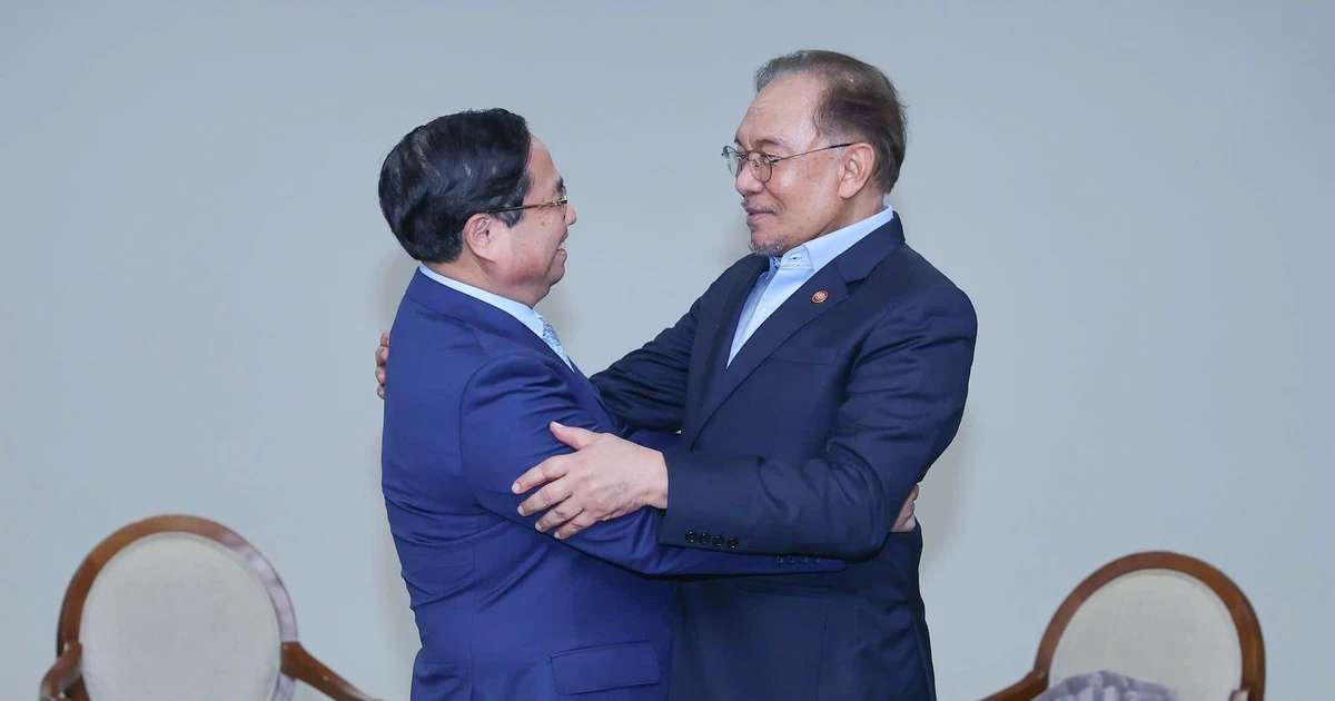 Prime Minister Pham Minh Chinh (left) meets with his Malaysian counterpart Anwar Ibrahim in Rio de Janeiro on July 6. (Photo: VNA)
