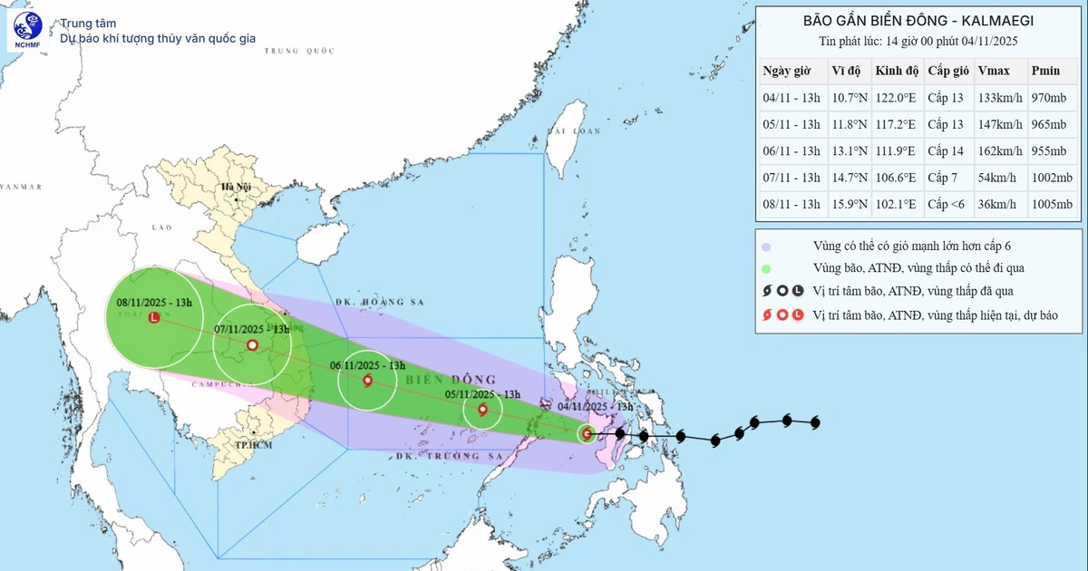 A map released at 2pm on November 4, tracking the path of Typhoon Kalmaegi (Source: National Centre for Hydro-Meteorological Forecasting)