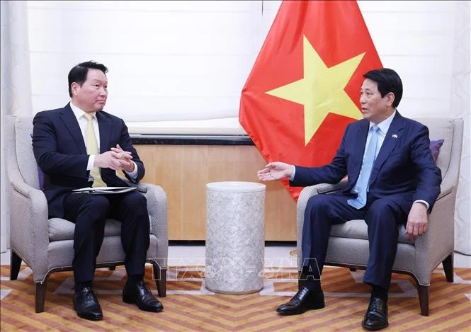 President Luong Cuong (R) receives Taewon Chey, Chairman of SK Inc. and Chairman of the Korea Chamber of Commerce and Industry, in New York on September 24. (Photo: VNA)
