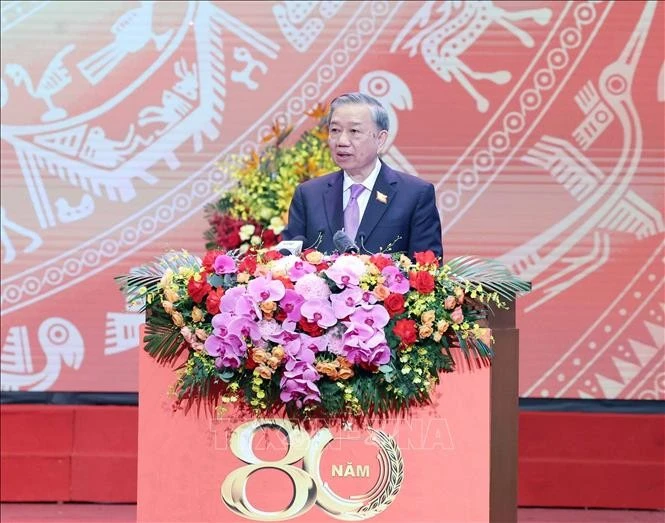 Party General Secretary To Lam addresses the grand ceremony to celebrate the Government’s 80th founding anniversary in Ha Noi on August 20 (August 28, 1945 - 2025). (Photo: VNA)